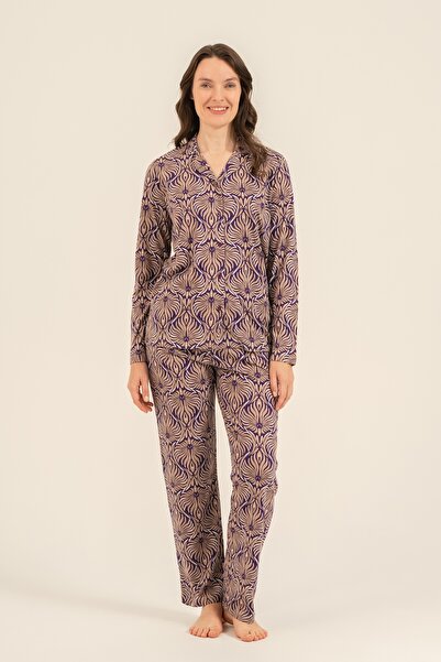 Arnetta Women'S, Floral Patterned, Brown, Shirt Pajama Set (with Socks as a Gift)
