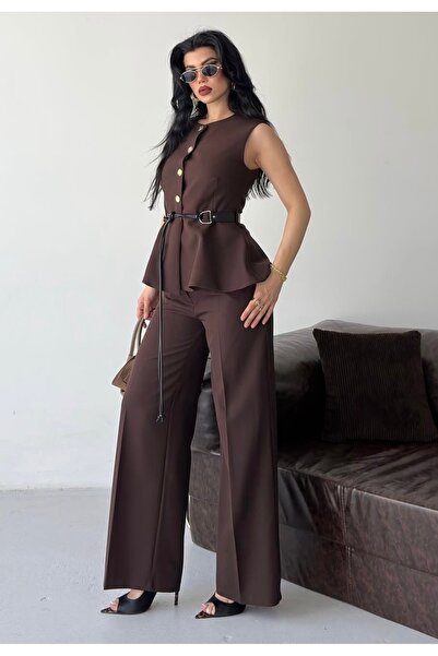 pembekurdelem Women's Belt Detailed Gold Buttoned Vest Trouser Suit Brown
