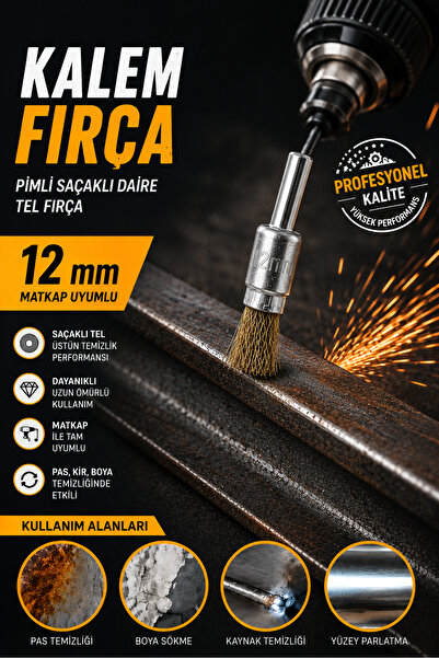 NEXTRA 12 mm Kalem Fırça Pimli Saçaklı Çelik Tel Fırça Matkap Uyumlu Pas Boya...