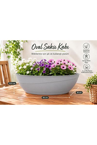 abnturk Pratik Dayanıklı Şık 3.8lt Tabaklı Gri Gondol Saksı-36x16x13,5cm Oval...