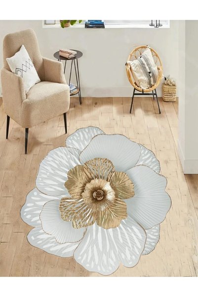 PERA HOMEART PERA BEYAZ ÇİÇEK DESENLİ YUVARLAK LAZER KESİM OVERLOKLU KAYMAZ T...