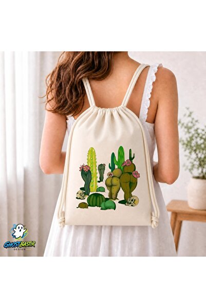 Ghostbastır Design Cactus Drawstring Linen Bag C129