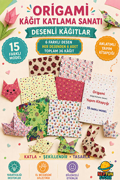 neptünstore Origami Paper Folding Art – Educational Activity Set Teaching 15 Different Models (Model 1)