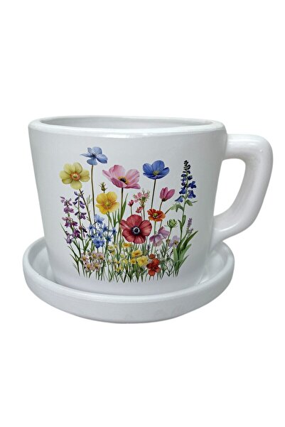 OEM Ghiveci ceramic, interior / exterior, rotund, alb, 17 x 15 cm, cu farfuri...