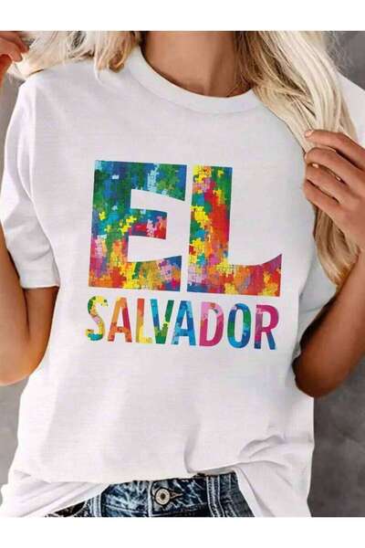 25W تي شيرت كبير الحجم، فضفاض، مطبوع بتصميم EL SALVADOR Jigsaw Puzzle، قميص ن...