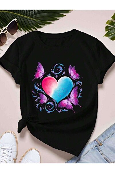 2BIR Heart Butterfly Print T-Shirt, Casual Short Sleeve Top For Spring & Summ...