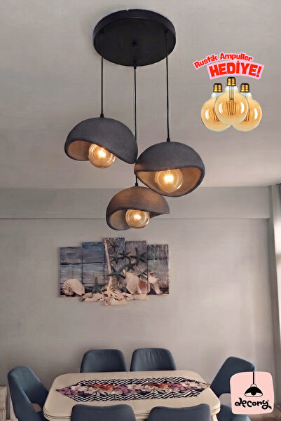 decory Beton Görünümlü 3'lü Sarkıt Avize, İskandinav Tarzı Bohem Sarkıt Avize...