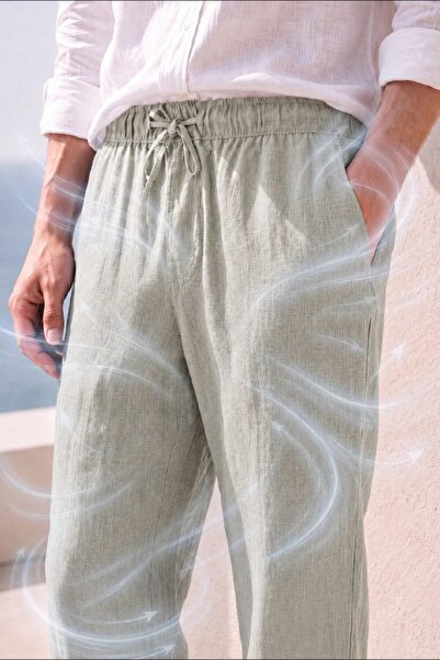 DeFacto 100% Linen Loose Fit Ankle Length Khaki Trousers G1397Ax26Sm
