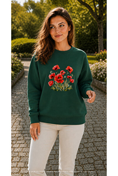EMMODA Women's Poppy Flower Printed Round Neck Casual Sweathirt