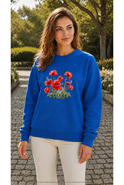 EMMODA Women's Poppy Flower Printed Round Neck Casual Sweathirt