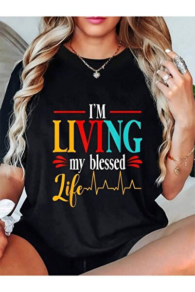 9JY تي شيرت فضفاض بطباعة عادية كبير الحجم للنساء I'Living A Happy Life Christ...