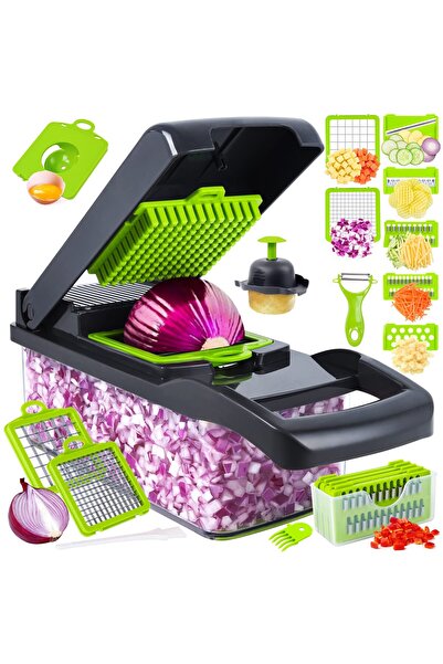 Generic Răzătoare multifuncțională 14 în 1 cu recipient și 8 lame inox, Gri