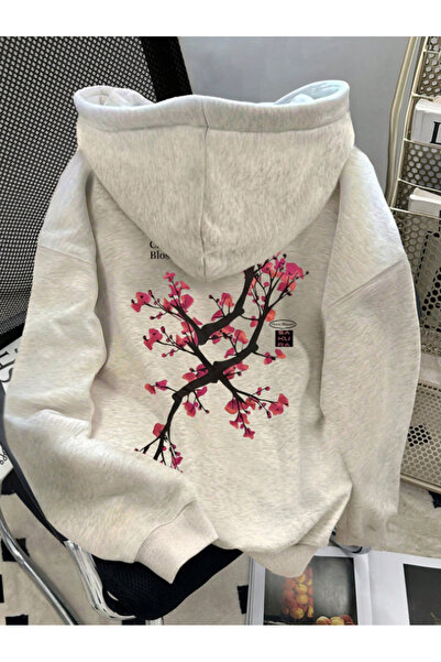 Revasser Unisex Kadın/Erkek SAKURA Baskılı Özel Tasarım Oversize Pamuklu Kapü...