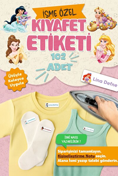 MSticker Kıyafet Etiketi - Okul Kıyafetlerine Kişiye Özel 30 Saniyede Kolay Uygulama Yıkanabilir - Prenses
