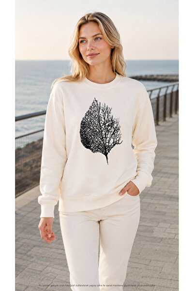 EMMODA Women's Dry Leaf Printed Round Neck Casual Sweathirt