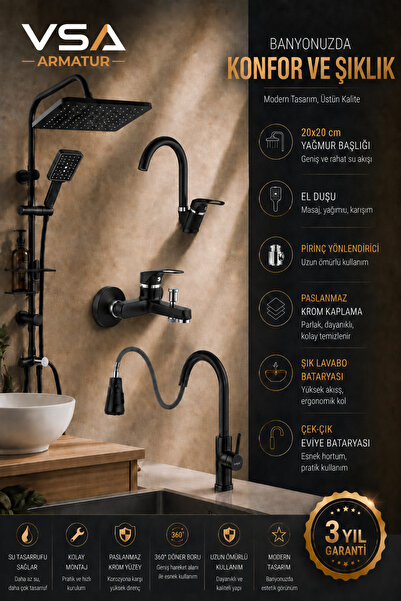 VSA Armatür Mat Siyah 4 Parça Set Robot Duş Seti + Lavabo Bataryası + Banyo Bataryası + Spirali Evye Bataryası Hepsi Sıcak Soğuk 3 Yıl Garantili