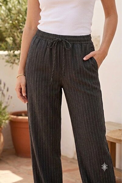 JUPEN Pantaloni de damă din in, cu dungi negre, croială lejeră