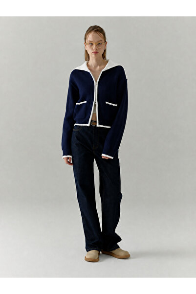 Nimas Women's Sailor Collar Double Zipper Contrast Knitwear Cardigan