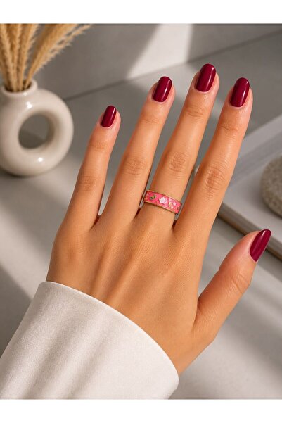 MARE BUTİK Pink Enamel Floral Patterned Steel Ring – Gold