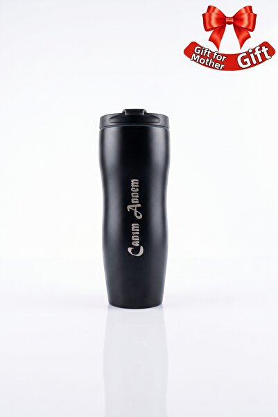MEG TASARIM DÜNYASI Black Steel Thermos Cup with the Words "Dear Mom" - Mothe...