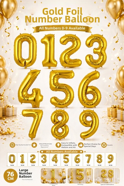 Öz-bal Gold 76 cm Large Number Balloon – Gold Foil Number Balloon Birthday Pa...