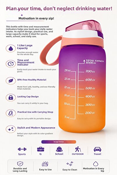Welora 1 Liter Motivational Water Bottle with Time & Measurement Indicator Sp...