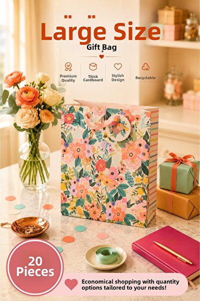 Daks 20 Pcs (32 X 26 X 14 cm) - Pastel Pink Floral Large Cardboard Gift Bag
