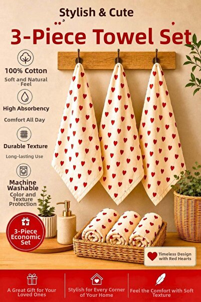 Mamcrazy 3-Piece Heart Printed 30X50 Hand & Face / Kitchen Towel & Drying Clo...