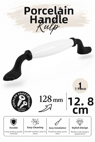 Badem10 Porsuk White Porcelain Black Handle 128 mm 12.8 cm Furniture Drawer C...