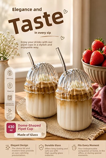 Berdina Home 2-Piece Dome Lid Glass with Straw Heat-Resistant Eggglass Nordic...