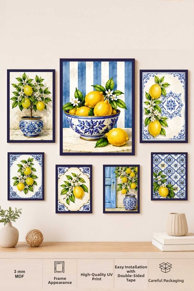 UNT Set de pictură pe pânză MDF cu 7 piese, cu tematică mediteraneană cu lămâ...
