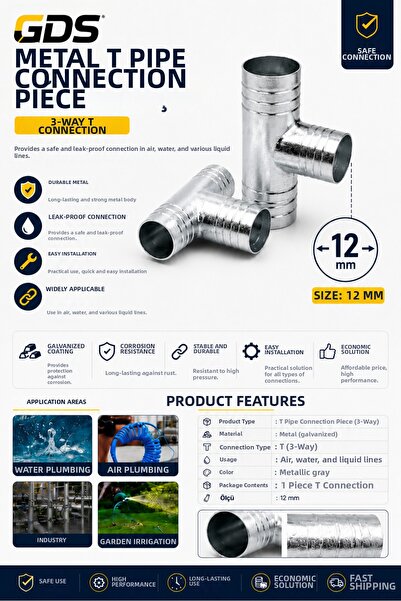 GENERAL Gds 12 mm Metal t Pipe Fitting 3 Way Galvanized Hose Attachment