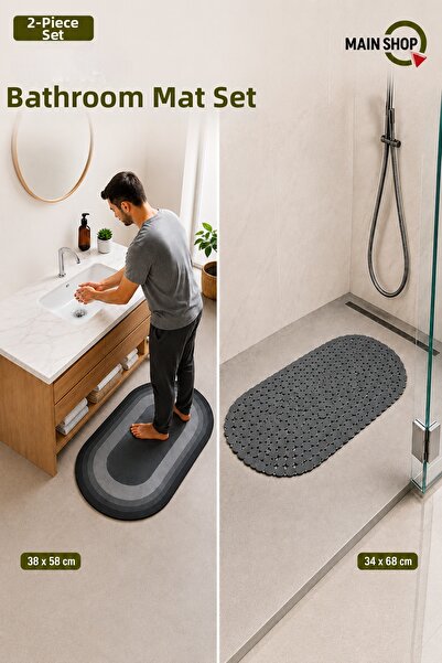 MAİN SHOP Set of 2 Oval Bath Mats - 34X68 cm Non-Slip Bathtub Mat & 38X58 cm ...