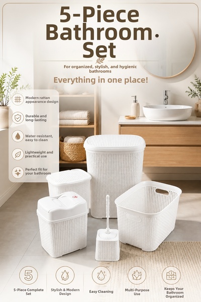 Akyüz Plastik 🧺 5 Piece White Plastic Bathroom Set |   Dirty Laundry Basket,...