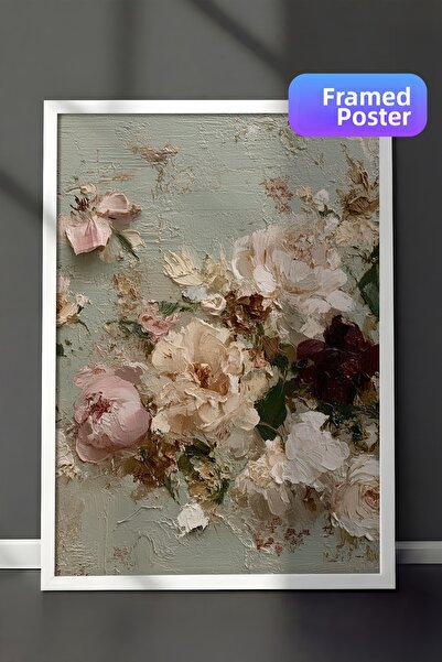 Zestia Pictură murală vintage, compoziție florală în pasteluri, înrămată în a...