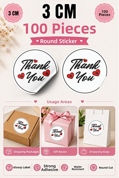 qoeuyl boutique Thank You Red Black Heart Printed 3 cm Round 100 Pieces Stick...