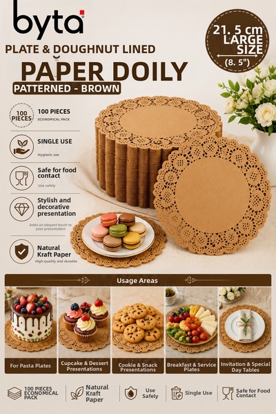 BYTA 100 Pieces of 21.5 cm Brown Lace Paper Presentation Plates – Round Dispo...