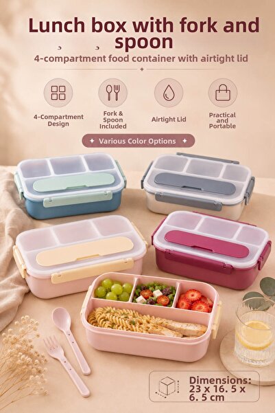 Anadolu Saray 4-Compartment Leak-Proof Lunch Box with Spoon and Fork, 23cm