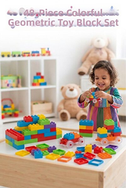 Tıfıl Toys 48 Pieces Colorful Geometric Shape Blocks Set with Wheels Educatio...