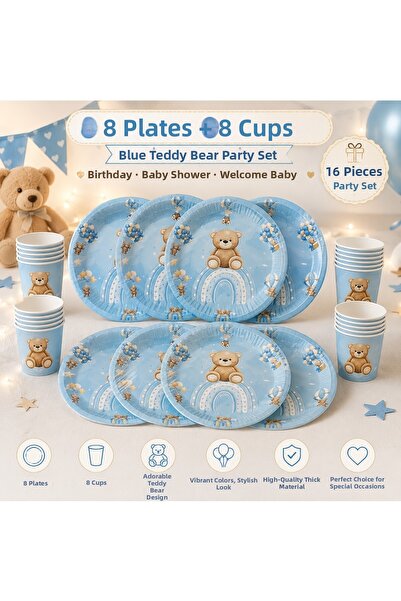 Bkmc Blue Teddy Bear Birthday Party Set 16 Pieces |   8 Plates 8 Cups |   Bab...