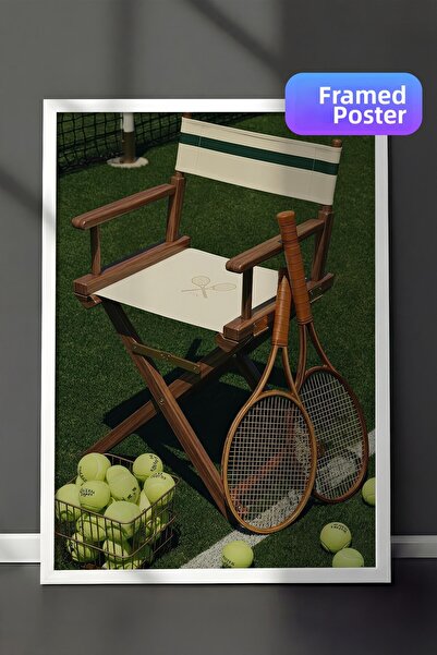 Postifull Poster cu rachetă de tenis și scaun, Poster cu ramă albă, Seria Old...
