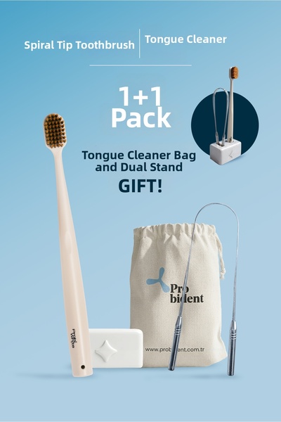 Probident 1+1 Package Spiral Head Ecru Toothbrush + Tongue Cleaner + Pouch an...
