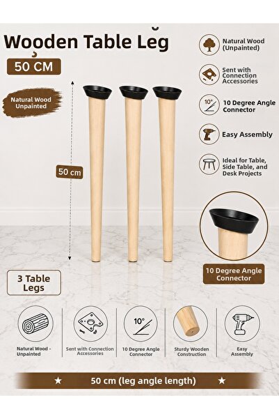 Home 50 cm Wooden Coffee Table Leg 3 Pieces 10 °   Raw Unpainted Conical Furn...