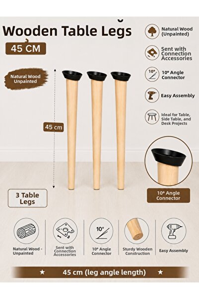 Home 45 cm Wooden Coffee Table Leg 3 Pieces 10 °   Raw Unpainted Conical Furn...