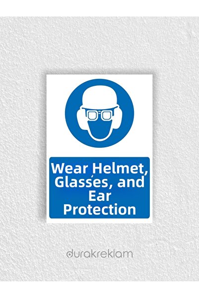 DURAK REKLAM Hard Hat, Glasses and Headphones Warning Sign A4 20X30 cm