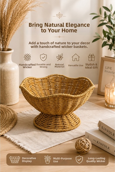 YzHome Daisy Fruit Basket with Wicker Rattan Legs, Multi-Purpose Bowl, 15*24cm