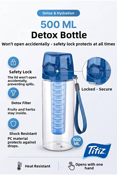 Titiz Detox Lockable Lid Polycarbonate Water Bottle with Filter 500 ml