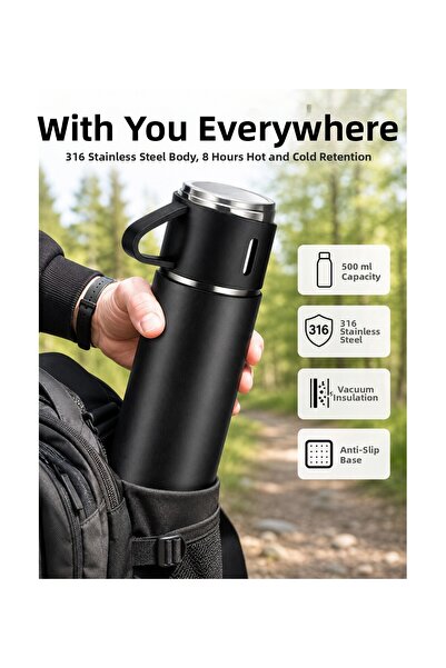 pınaxar Thermos set 3-piece cup set heat resistant black stainless steel vacuum