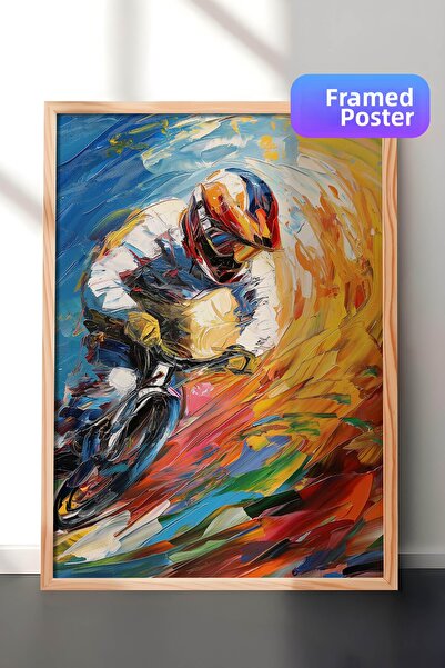 Zestia Wooden Framed Abstract Oil Painting Wall Art, Athlete with Bicycle Com...