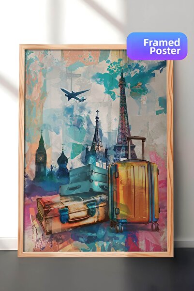 Zestia Wood Framed Pop Art Travel Wall Art, World Icons Collage, No: 20465
